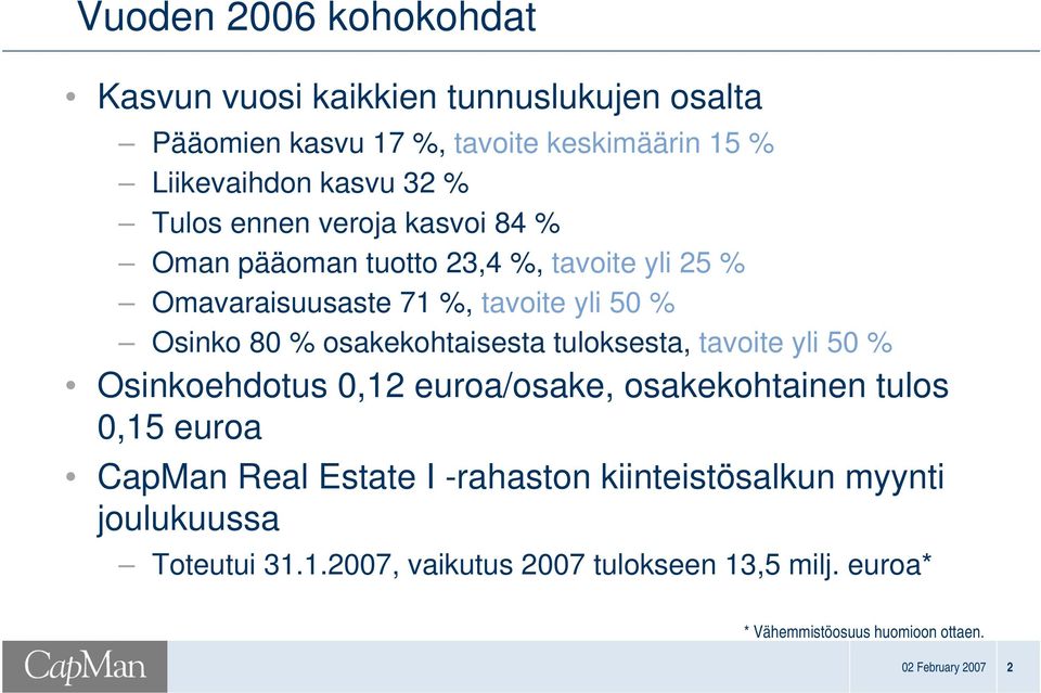 osakekohtaisesta tuloksesta, tavoite yli 50 % Osinkoehdotus 0,12 euroa/osake, osakekohtainen tulos 0,15 euroa CapMan Real Estate I