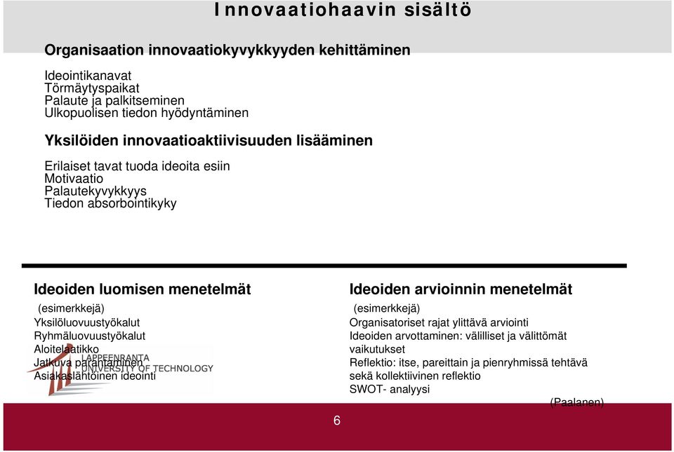 Yksilöluovuustyökalut Ryhmäluovuustyökalut Aloitelaatikko Jatkuva parantaminen Asiakaslähtöinen ideointi 6 Ideoiden arvioinnin menetelmät (esimerkkejä) Organisatoriset rajat