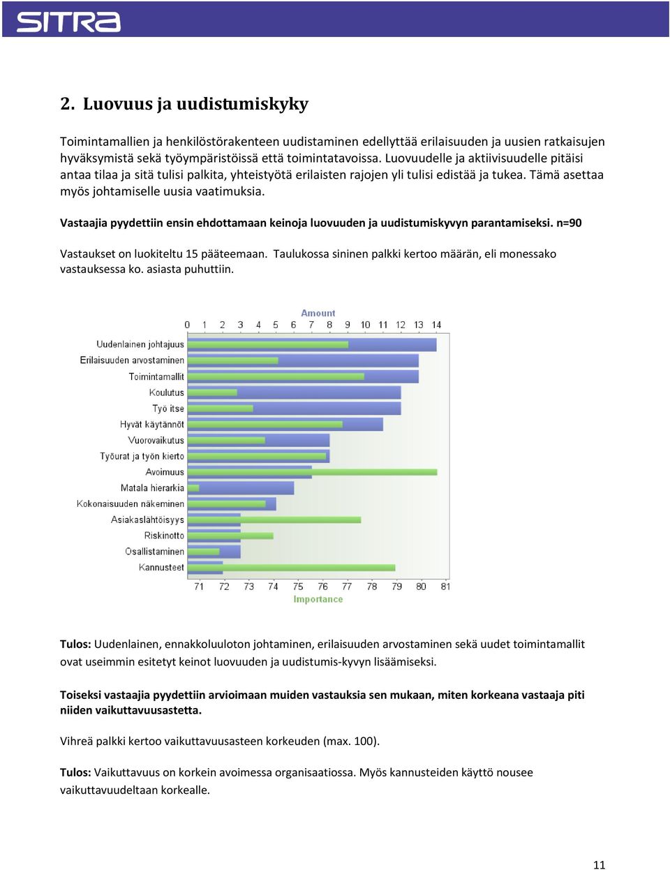 Vastaajia pyydettiin ensin ehdottamaan keinoja luovuuden ja uudistumiskyvyn parantamiseksi. n=90 Vastaukset on luokiteltu 15 pääteemaan.