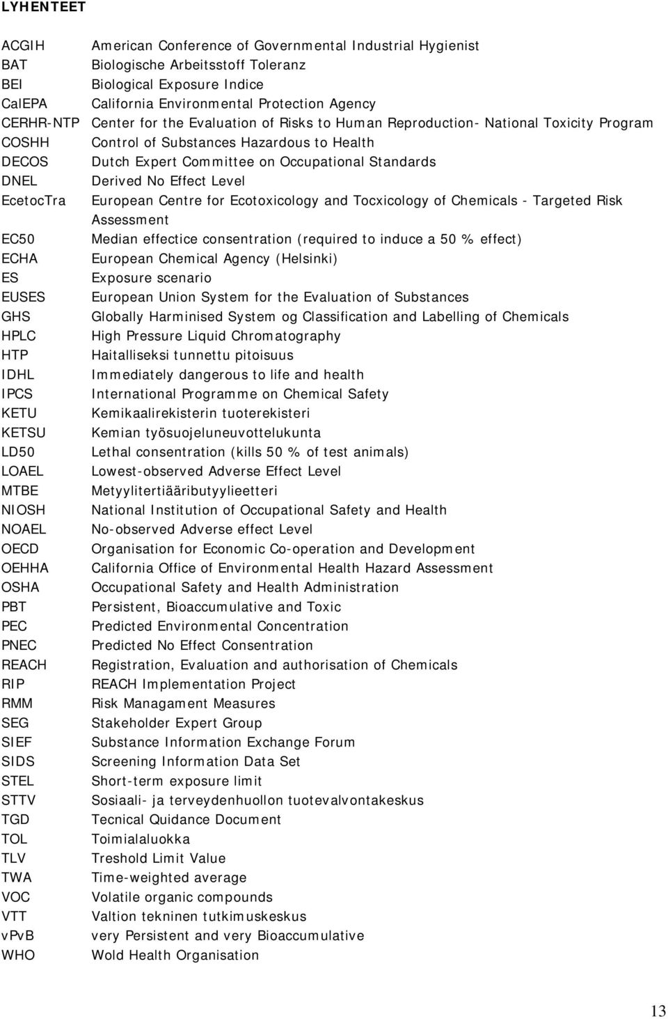 NOAEL OECD OEHHA OSHA PBT PEC PNEC REACH RIP RMM SEG SIEF SIDS STEL STTV TGD TOL TLV TWA VOC VTT vpvb WHO Control of Substances Hazardous to Health Dutch Expert Committee on Occupational Standards