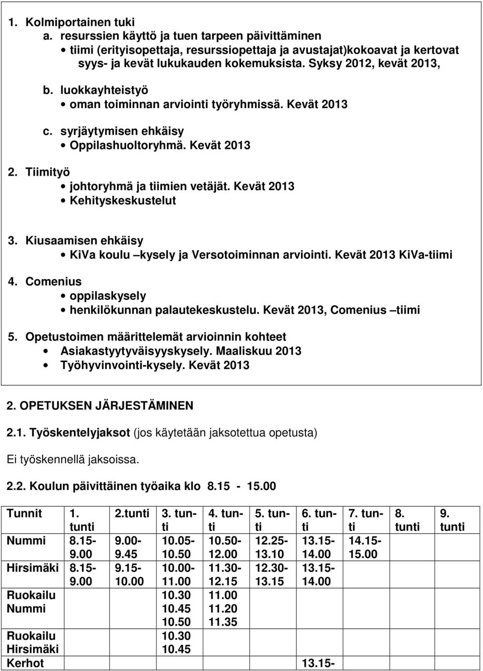 Kevät 2013 Kehityskeskustelut 3. Kiusaamisen ehkäisy KiVa koulu kysely ja Versotoiminnan arviointi. Kevät 2013 KiVa-tiimi 4. Comenius oppilaskysely henkilökunnan palautekeskustelu.