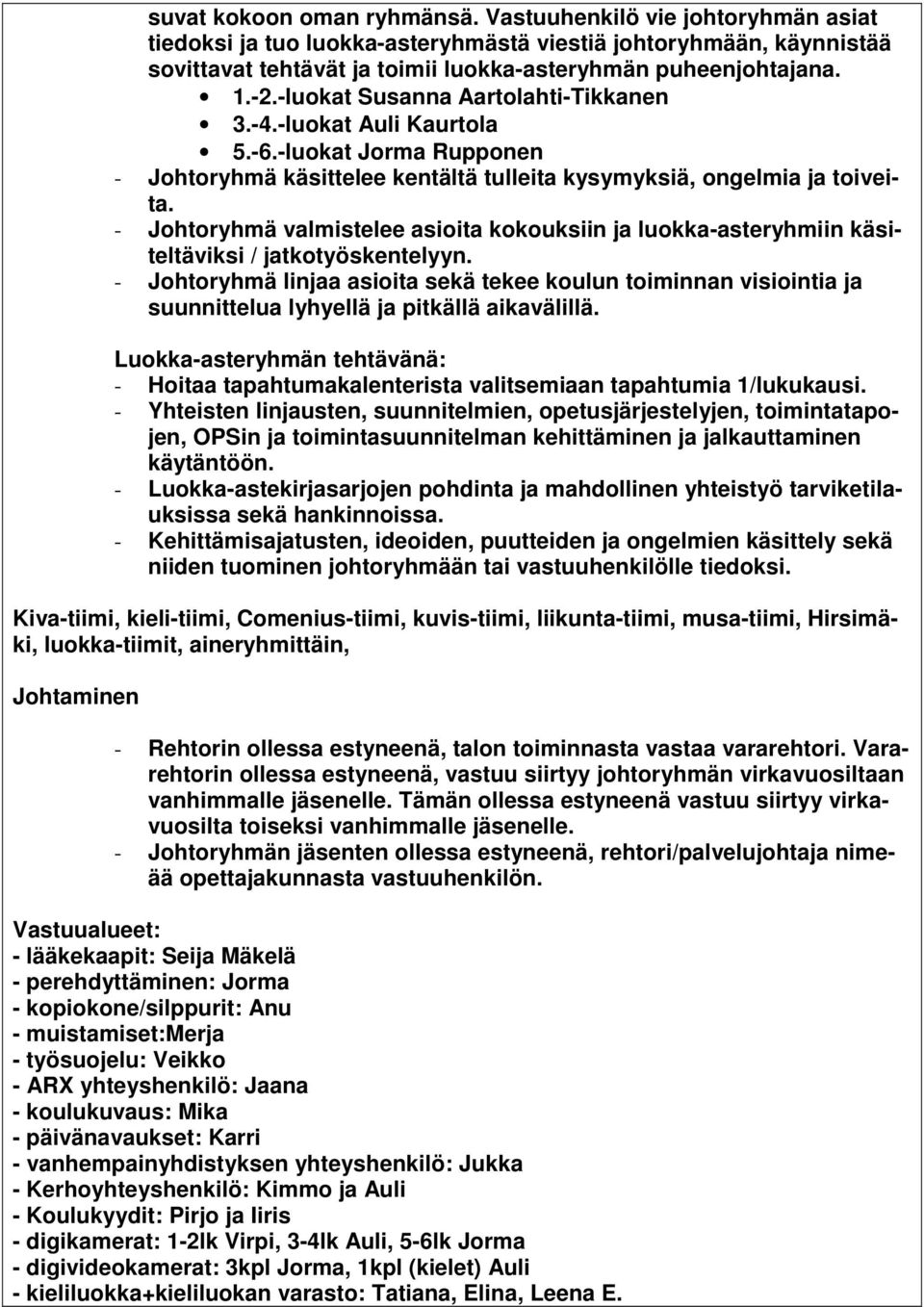 - Johtoryhmä valmistelee asioita kokouksiin ja luokka-asteryhmiin käsiteltäviksi / jatkotyöskentelyyn.