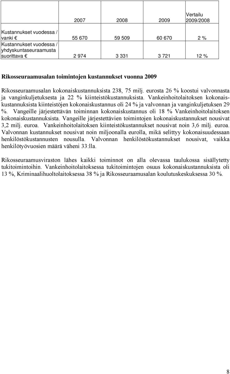 Vankeinhoitolaitoksen kokonaiskustannuksista kiinteistöjen kokonaiskustannus oli 24 % ja valvonnan ja vanginkuljetuksen 29 %.