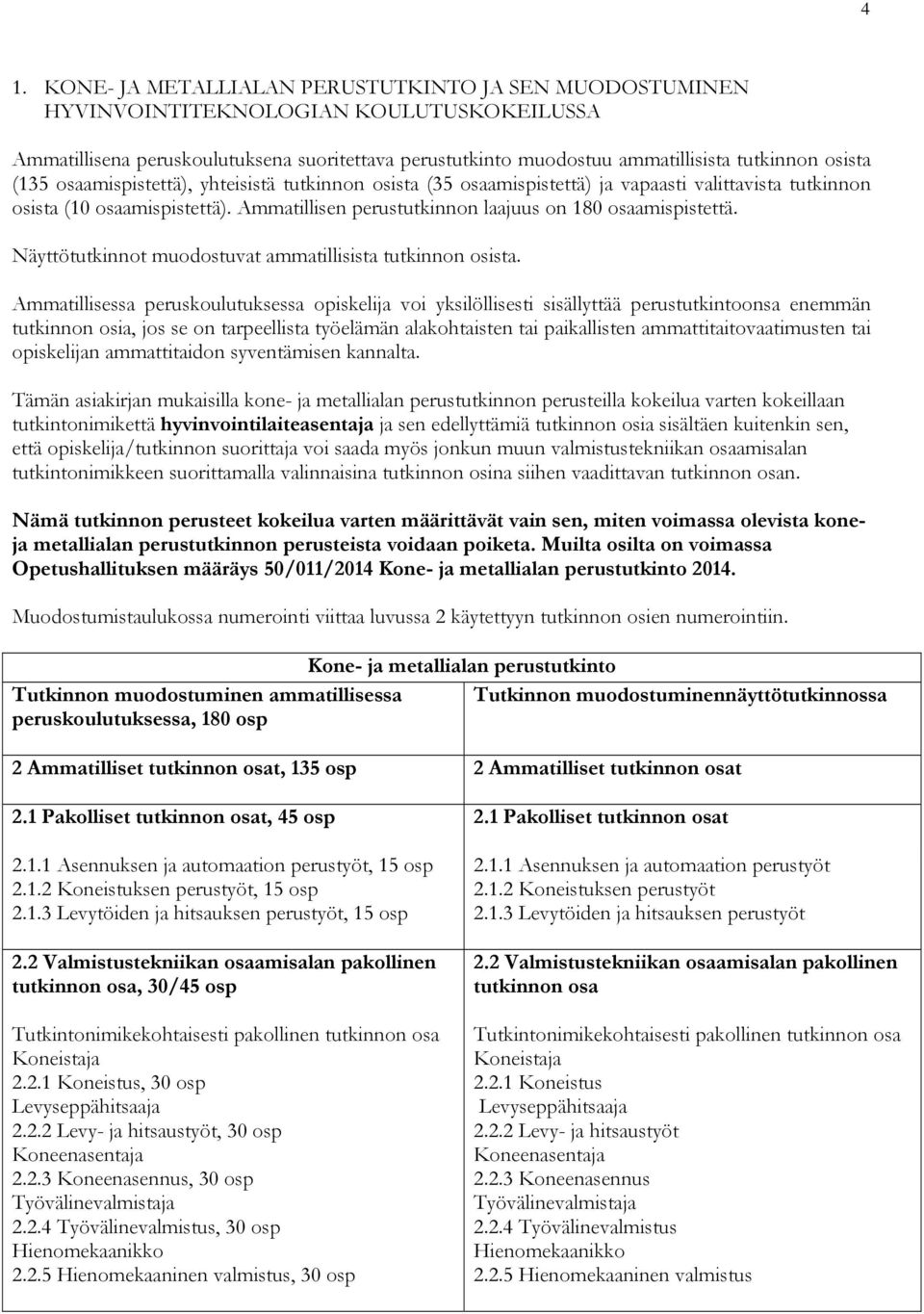 Ammatillisen perustutkinnon laajuus on 180 osaamispistettä. Näyttötutkinnot muodostuvat ammatillisista tutkinnon osista.