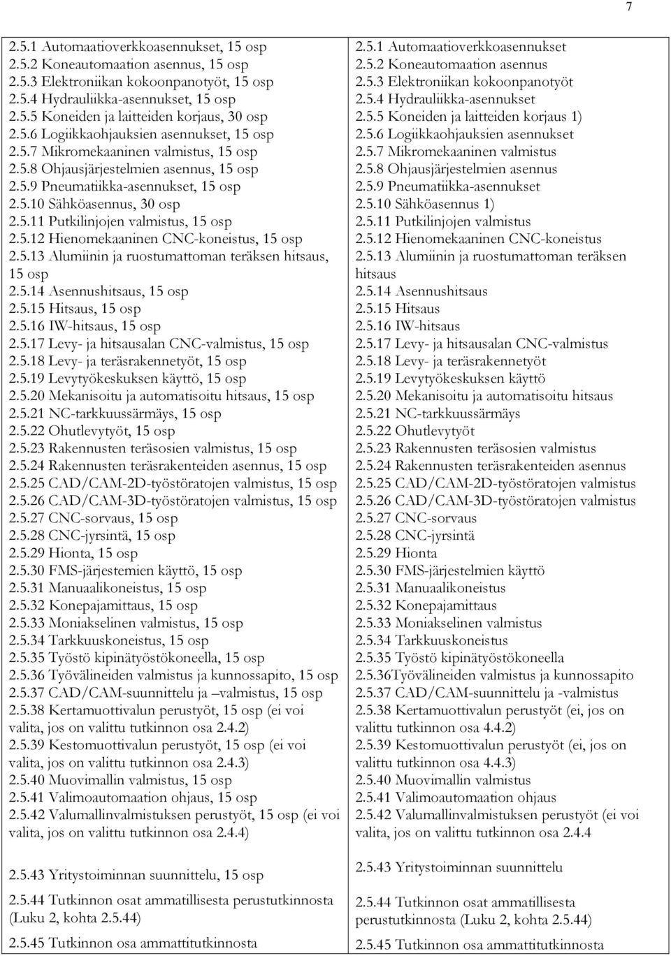 5.12 Hienomekaaninen CNC-koneistus, 15 osp 2.5.13 Alumiinin ja ruostumattoman teräksen hitsaus, 15 osp 2.5.14 Asennushitsaus, 15 osp 2.5.15 Hitsaus, 15 osp 2.5.16 IW-hitsaus, 15 osp 2.5.17 Levy- ja hitsausalan CNC-valmistus, 15 osp 2.