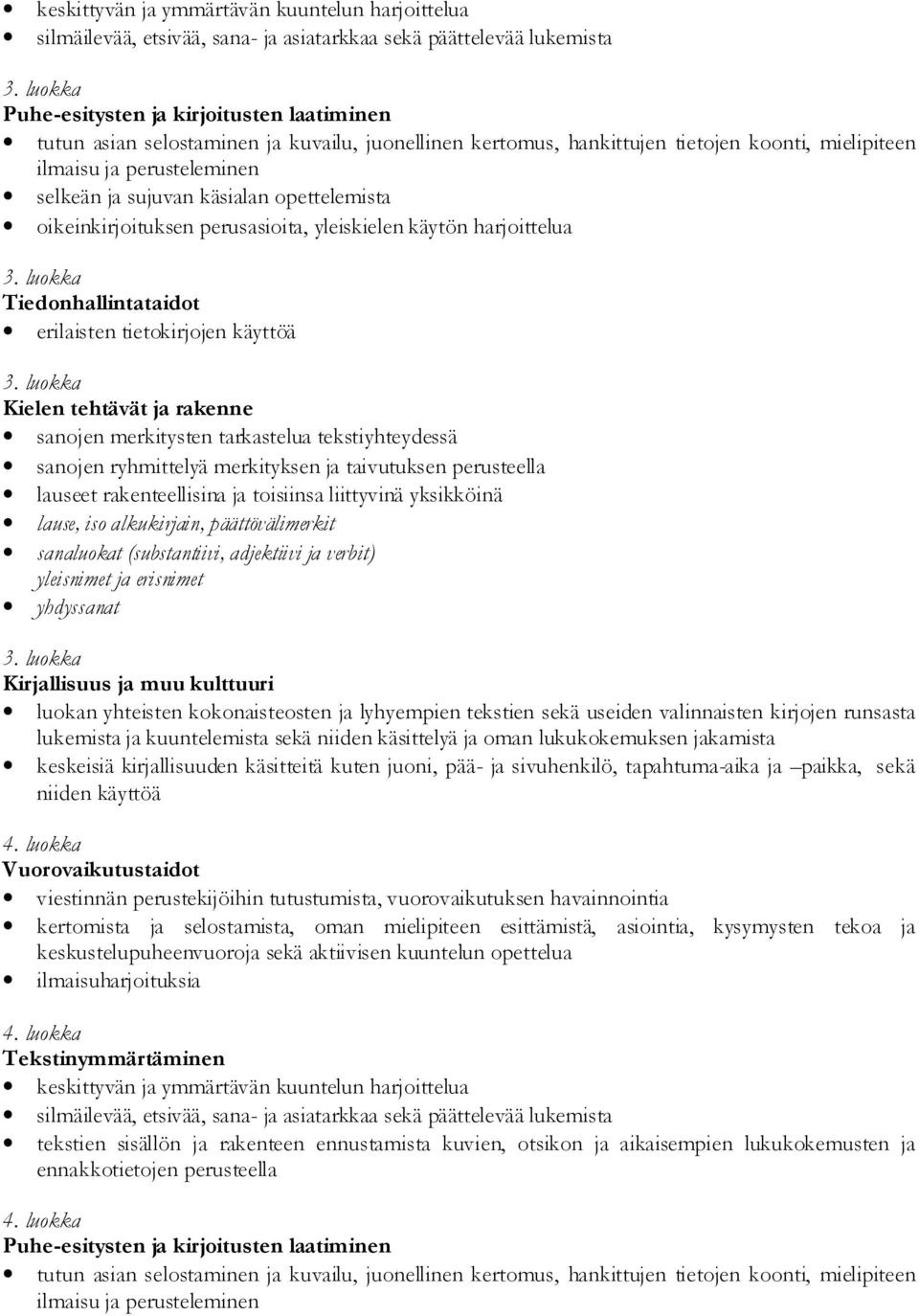 käsialan opettelemista oikeinkirjoituksen perusasioita, yleiskielen käytön harjoittelua 3. luokka Tiedonhallintataidot erilaisten tietokirjojen käyttöä 3.