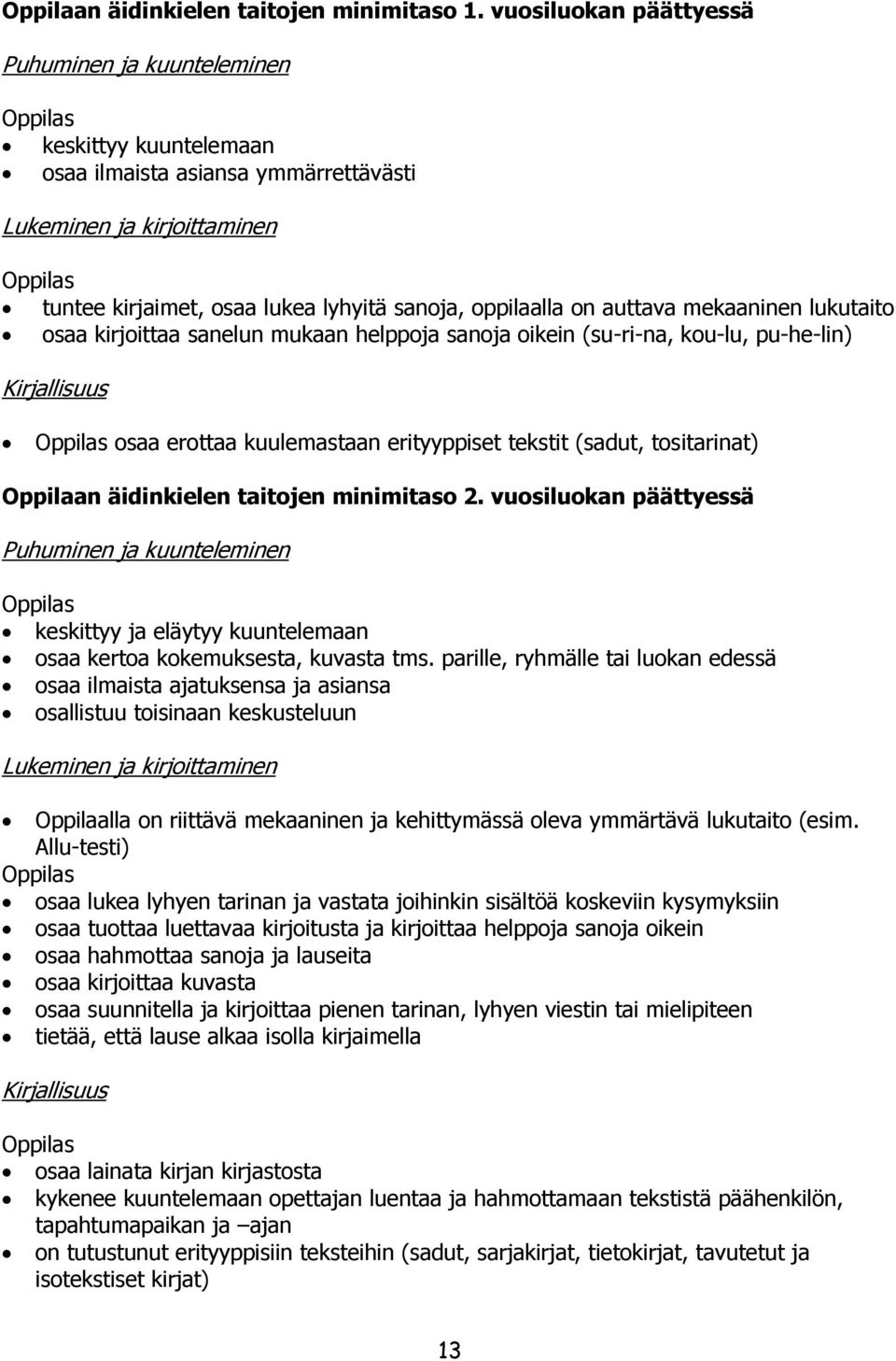 auttava mekaaninen lukutaito osaa kirjoittaa sanelun mukaan helppoja sanoja oikein (su-ri-na, kou-lu, pu-he-lin) Kirjallisuus osaa erottaa kuulemastaan erityyppiset tekstit (sadut, tositarinat)