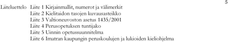 1435/2001 Liite 4 Perusopetuksen tuntijako Liite 5 Uinnin