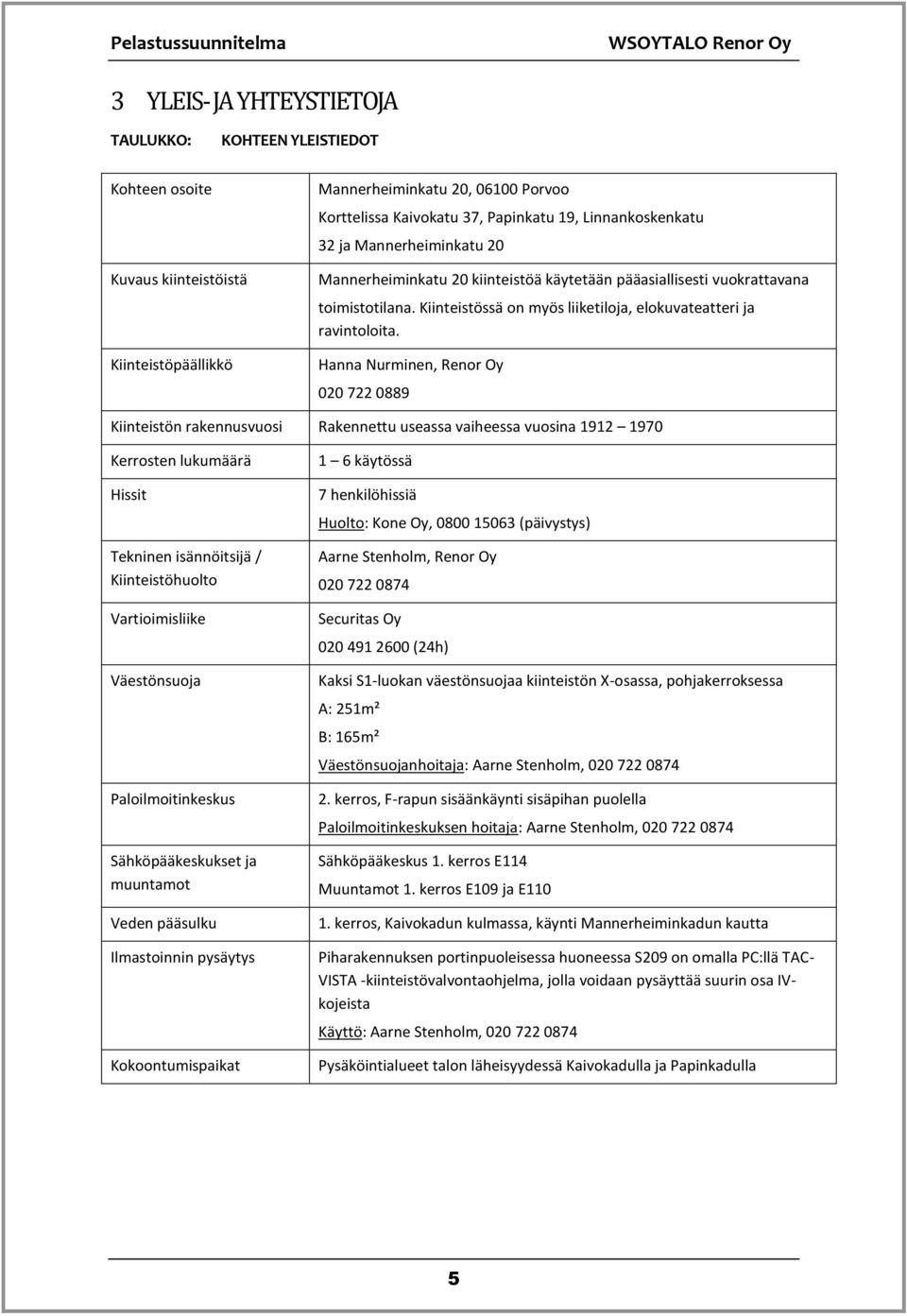 Hanna Nurminen, Renor Oy 020 722 0889 Kiinteistön rakennusvuosi Rakennettu useassa vaiheessa vuosina 1912 1970 Kerrosten lukumäärä Hissit Tekninen isännöitsijä / Kiinteistöhuolto Vartioimisliike