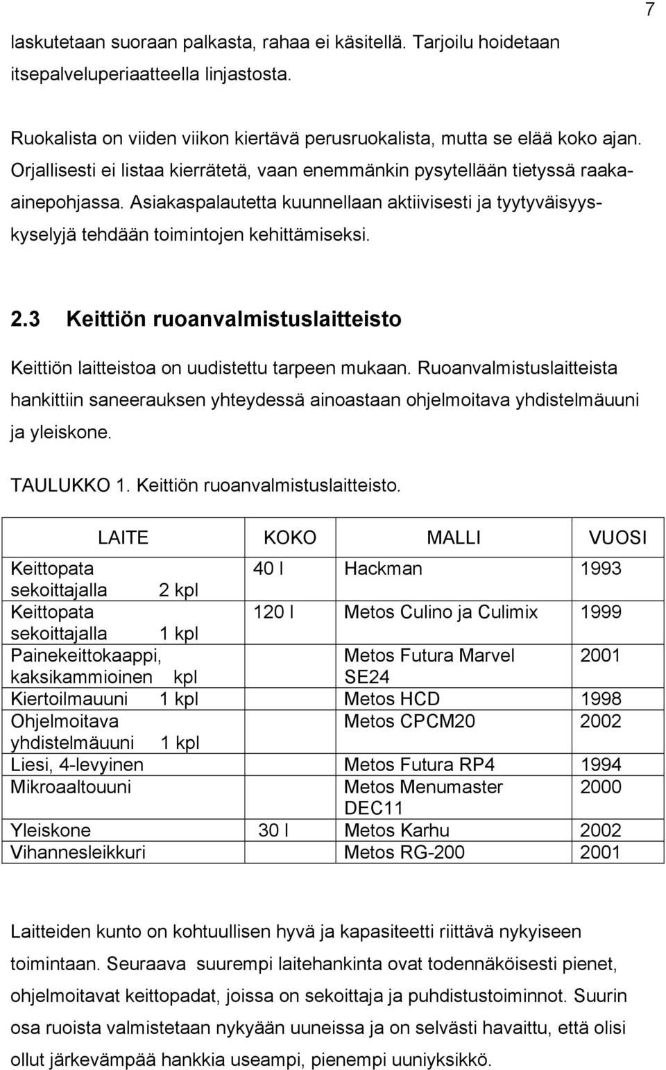 3 Keittiön ruoanvalmistuslaitteisto Keittiön laitteistoa on uudistettu tarpeen mukaan. Ruoanvalmistuslaitteista hankittiin saneerauksen yhteydessä ainoastaan ohjelmoitava yhdistelmäuuni ja yleiskone.