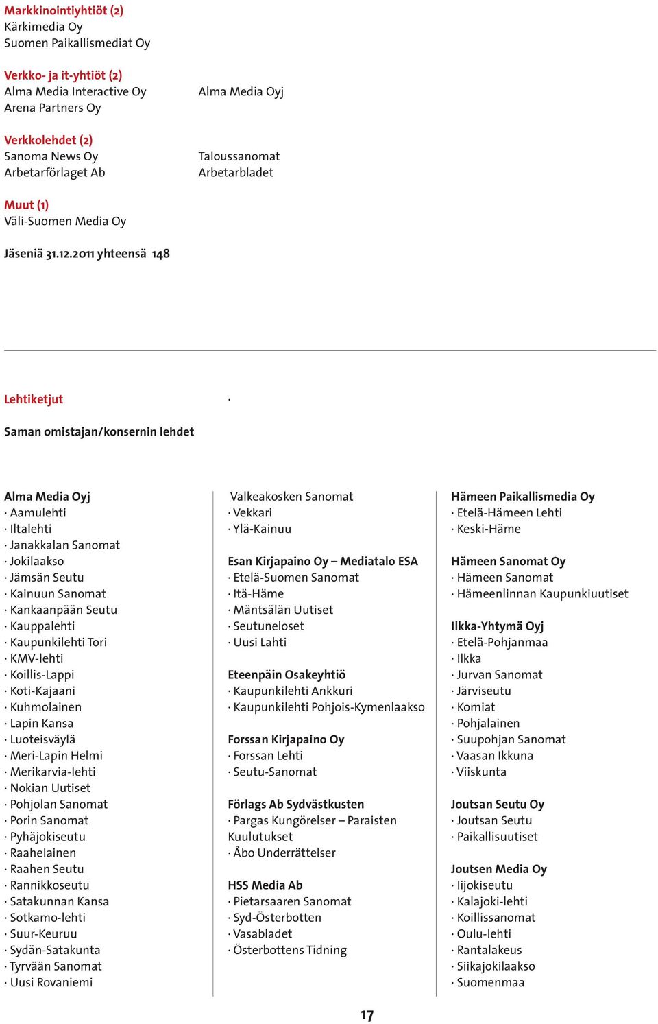 2011 yhteensä 148 Lehtiketjut Saman omistajan/konsernin lehdet Alma Media Oyj Aamulehti Iltalehti Janakkalan Sanomat Jokilaakso Jämsän Seutu Kainuun Sanomat Kankaanpään Seutu Kauppalehti