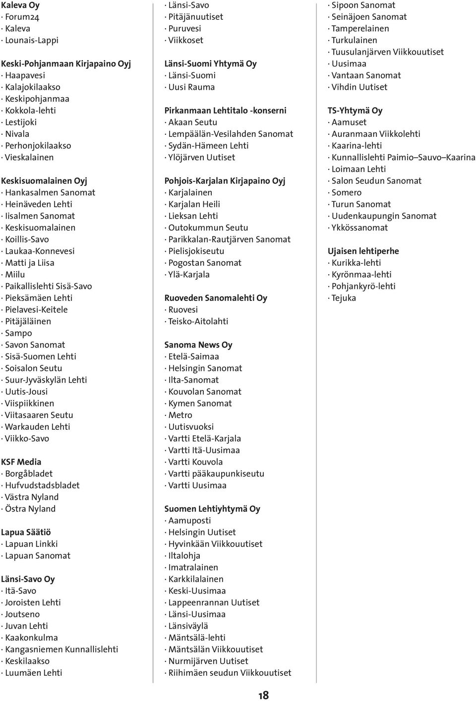 Sampo Savon Sanomat Sisä-Suomen Lehti Soisalon Seutu Suur-Jyväskylän Lehti Uutis-Jousi Viispiikkinen Viitasaaren Seutu Warkauden Lehti Viikko-Savo KSF Media Borgåbladet Hufvudstadsbladet Västra
