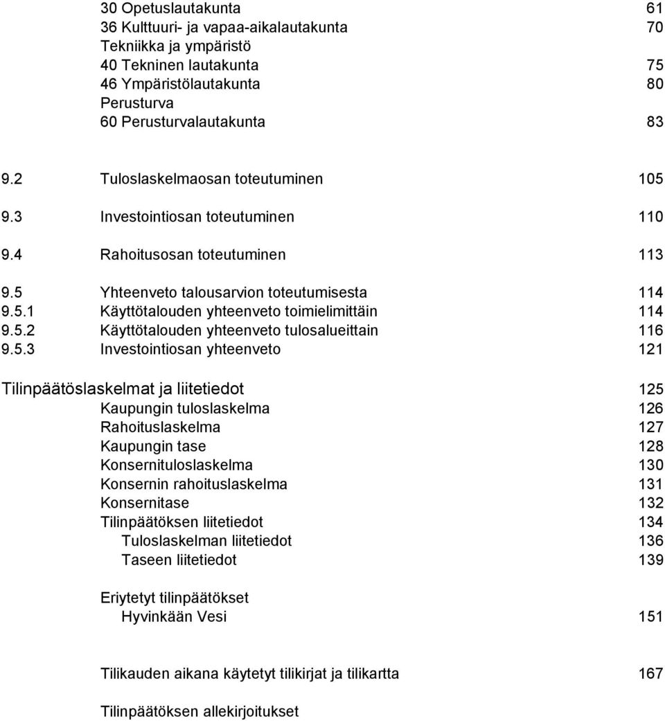 5.2 Käyttötalouden yhteenveto tulosalueittain 116 9.5.3 Investointiosan yhteenveto 121 Tilinpäätöslaskelmat ja liitetiedot 125 Kaupungin tuloslaskelma 126 Rahoituslaskelma 127 Kaupungin tase 128