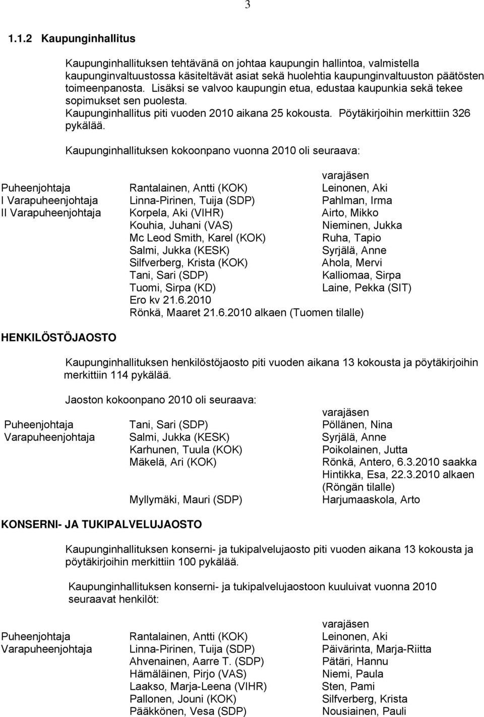 Kaupunginhallituksen kokoonpano vuonna 2010 oli seuraava: varajäsen Puheenjohtaja Rantalainen, Antti (KOK) Leinonen, Aki I Varapuheenjohtaja Linna-Pirinen, Tuija (SDP) Pahlman, Irma II