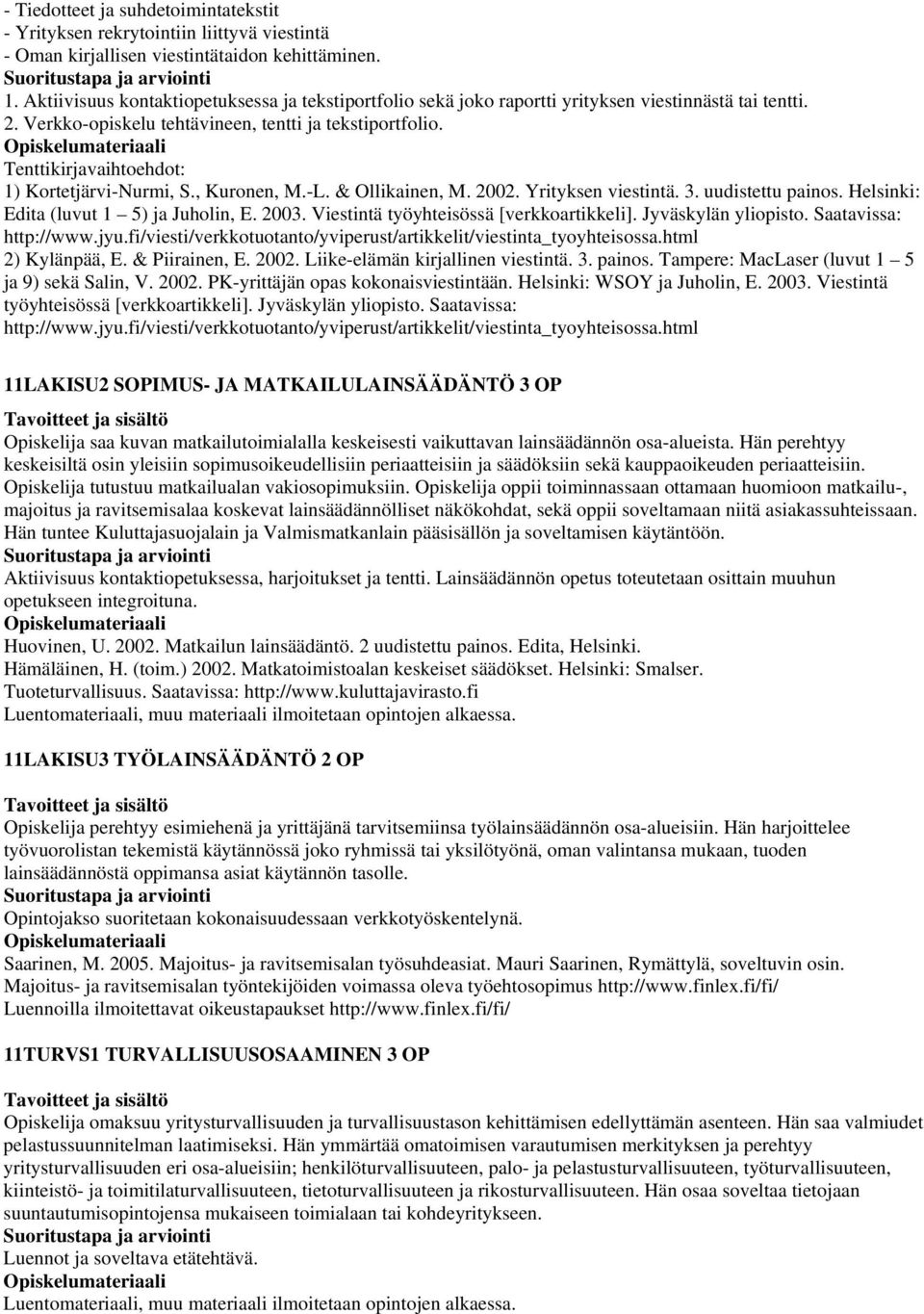 Tenttikirjavaihtoehdot: 1) Kortetjärvi-Nurmi, S., Kuronen, M.-L. & Ollikainen, M. 2002. Yrityksen viestintä. 3. uudistettu painos. Helsinki: Edita (luvut 1 5) ja Juholin, E. 2003.