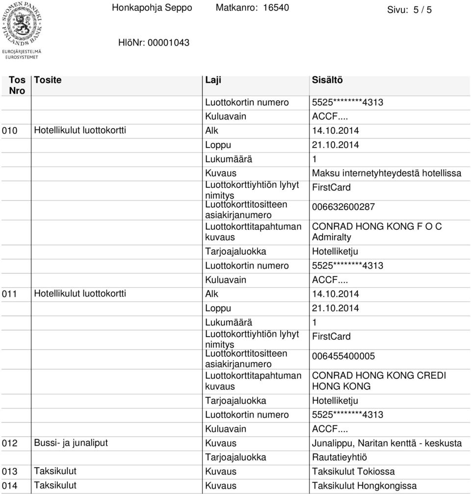 2014 Maksu internetyhteydestä hotellissa Luottokorttitositteen 006632600287 CONRAD F O C