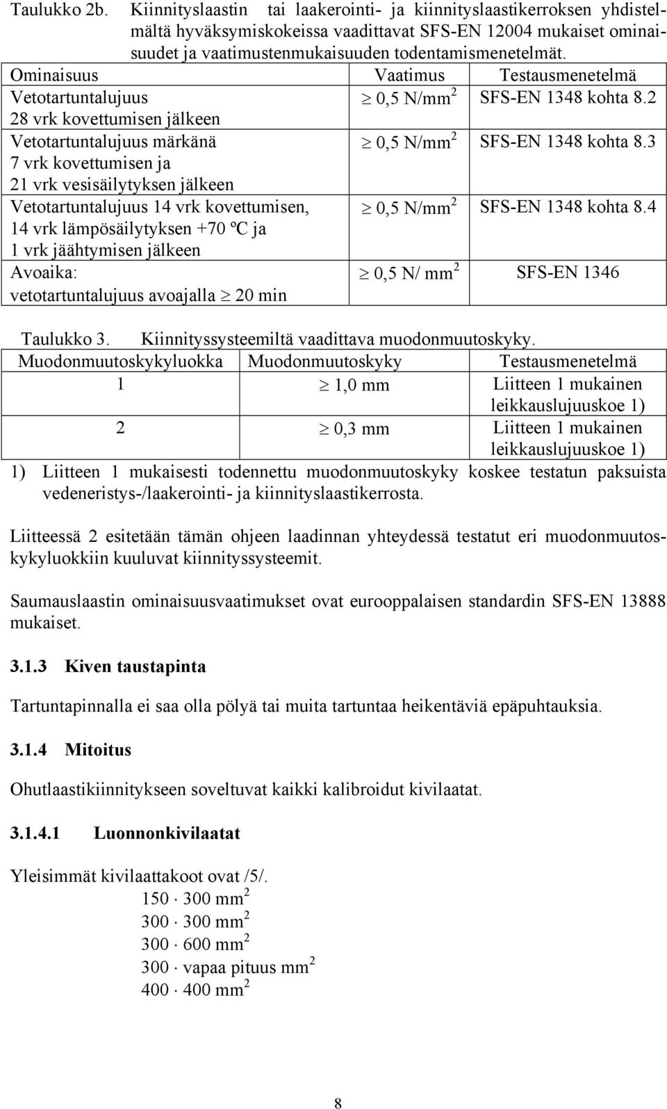 Ominaisuus Vaatimus Testausmenetelmä Vetotartuntalujuus 0,5 N/mm 2 SFS-EN 1348 kohta 8.2 28 vrk kovettumisen jälkeen Vetotartuntalujuus märkänä 0,5 N/mm 2 SFS-EN 1348 kohta 8.