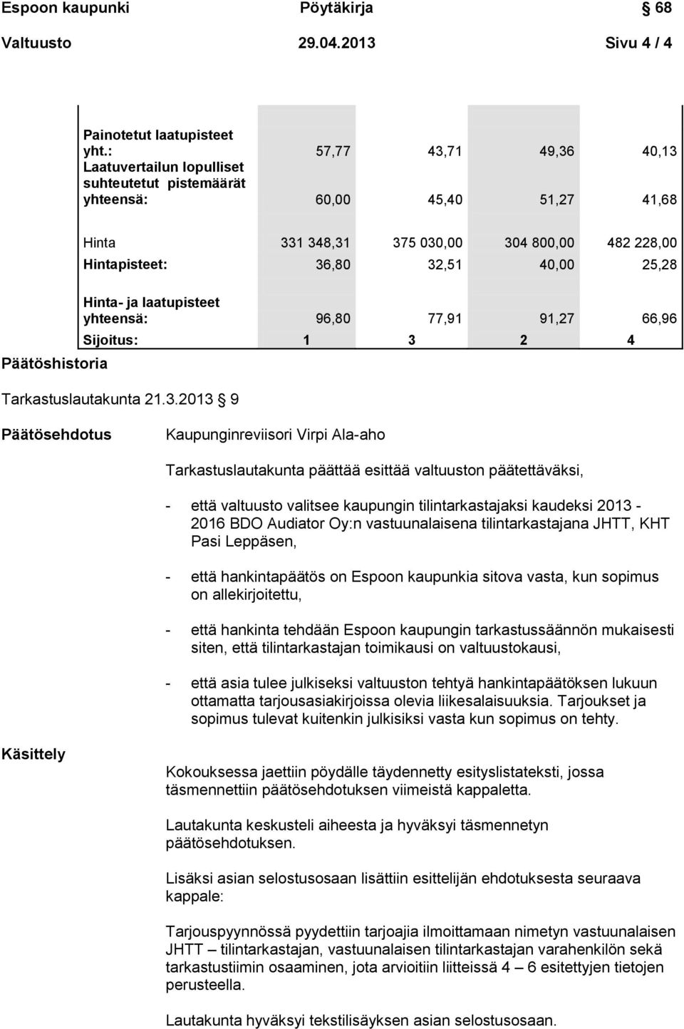 32,51 40,00 25,28 Hinta- ja laatupisteet yhteensä: 96,80 77,91 91,27 66,96 Sijoitus: 1 3 2 4 Tarkastuslautakunta 21.3.2013 9 Päätösehdotus Kaupunginreviisori Virpi Ala-aho Tarkastuslautakunta päättää