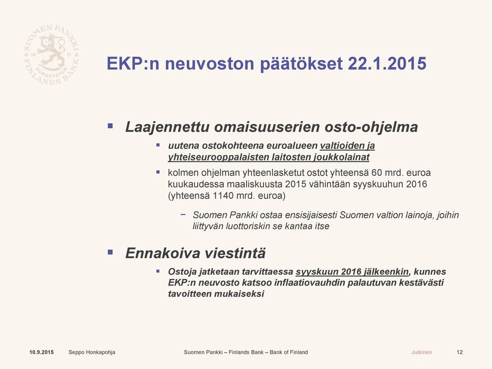 ohjelman yhteenlasketut ostot yhteensä 60 mrd. euroa kuukaudessa maaliskuusta 2015 vähintään syyskuuhun 2016 (yhteensä 1140 mrd.