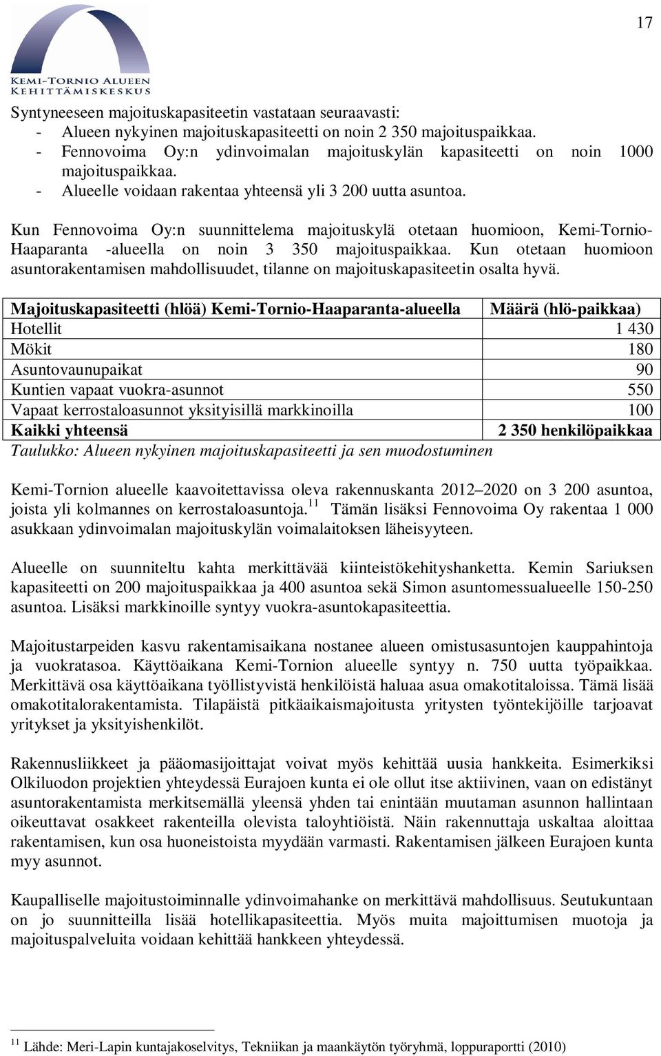 Kun Fennovoima Oy:n suunnittelema majoituskylä otetaan huomioon, Kemi-Tornio- Haaparanta -alueella on noin 3 350 majoituspaikkaa.