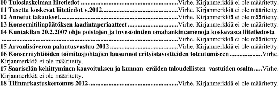 .. Virhe. Kirjanmerkkiä ei ole määritetty. 16 Konserniyhtiöiden toimitusjohtajien lausunnot erityistavoitteiden toteutumiseen... Virhe. Kirjanmerkkiä ei ole määritetty. 17 Saariselän kehittyminen kaavoituksen ja kunnan eräiden taloudellisten vastuiden osalta.