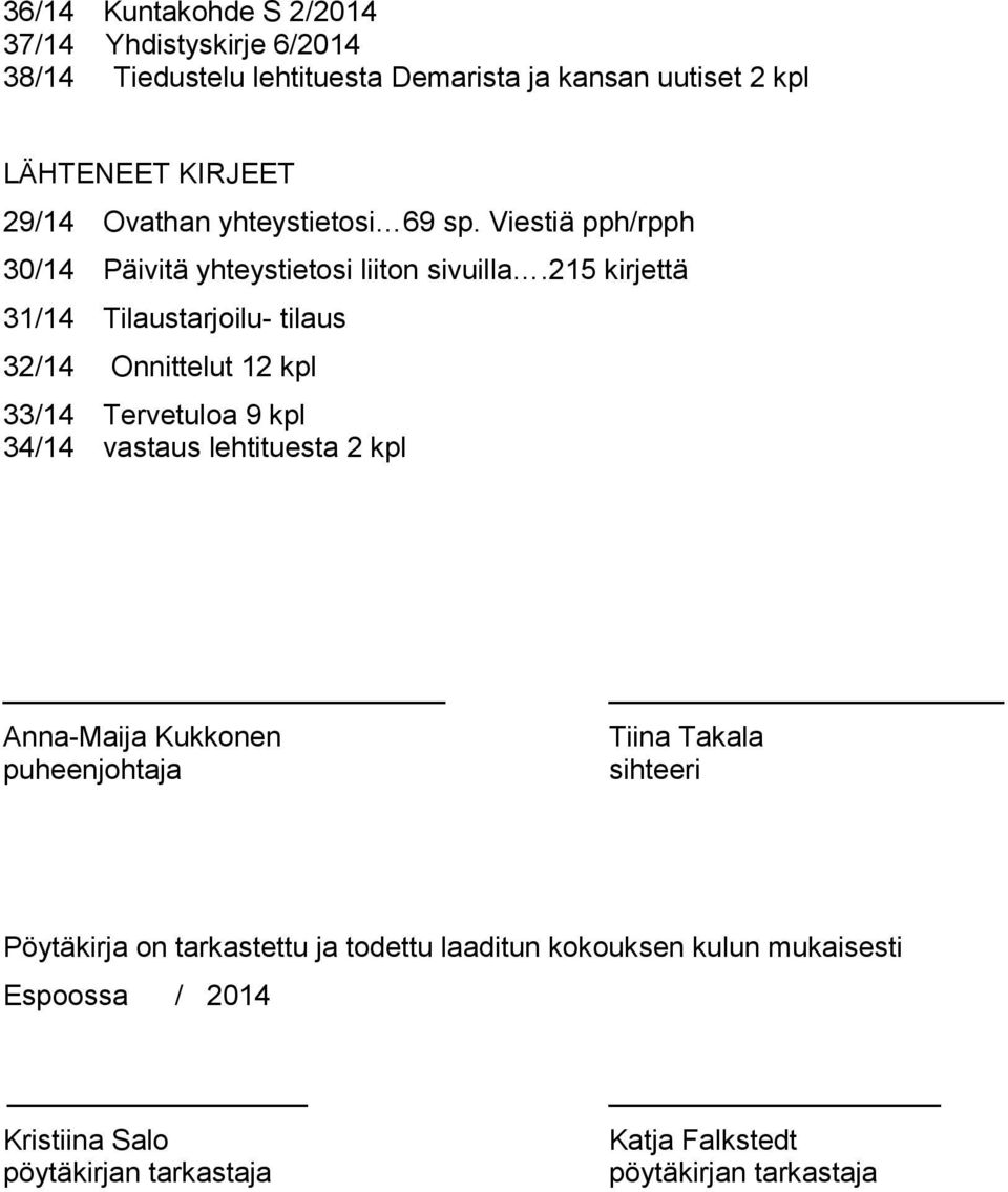 215 kirjettä 31/14 Tilaustarjoilu- tilaus 32/14 Onnittelut 12 kpl 33/14 Tervetuloa 9 kpl 34/14 vastaus lehtituesta 2 kpl Anna-Maija Kukkonen