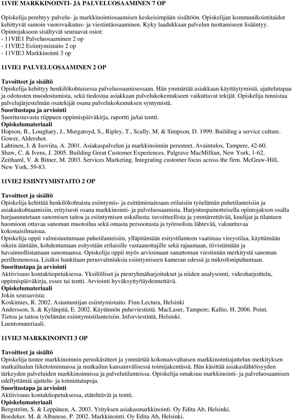 - 11VIE1 Palveluosaaminen 2 op - 11VIE2 Esiintymistaito 2 op - 11VIE3 Markkinointi 3 op 11VIE1 PALVELUOSAAMINEN 2 OP Opiskelija kehittyy henkilökohtaisessa palveluosaamisessaan.