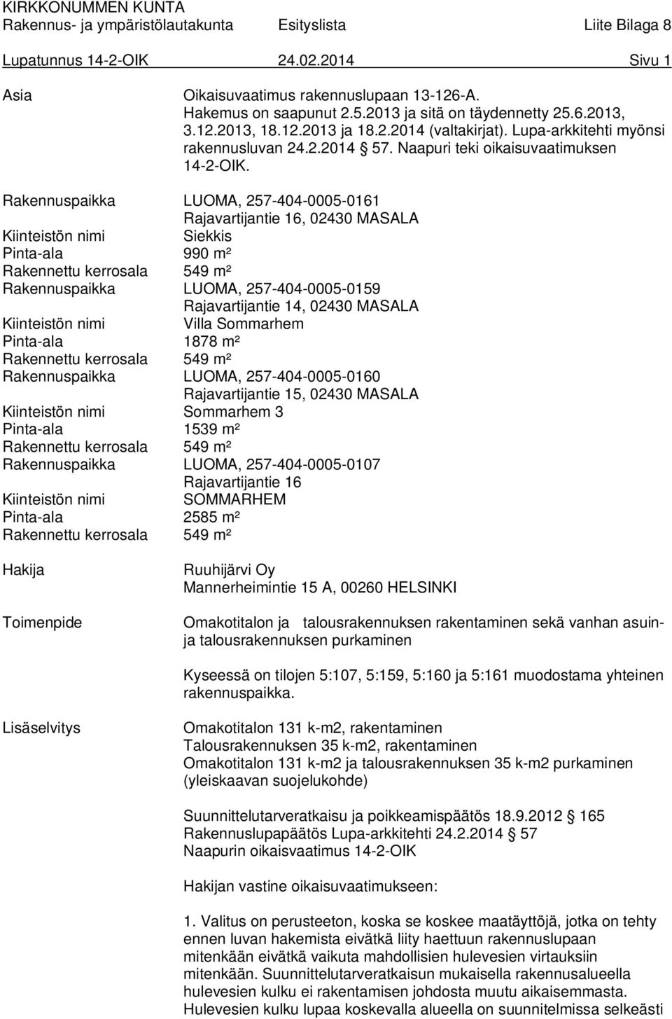 Rakennuspaikka LUOMA, 257-404-0005-0161 Rajavartijantie 16, 02430 MASALA Kiinteistön nimi Siekkis Pinta-ala 990 m² Rakennuspaikka LUOMA, 257-404-0005-0159 Rajavartijantie 14, 02430 MASALA Kiinteistön