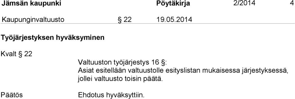 2014 Työjärjestyksen hyväksyminen Kvalt 22 Valtuuston