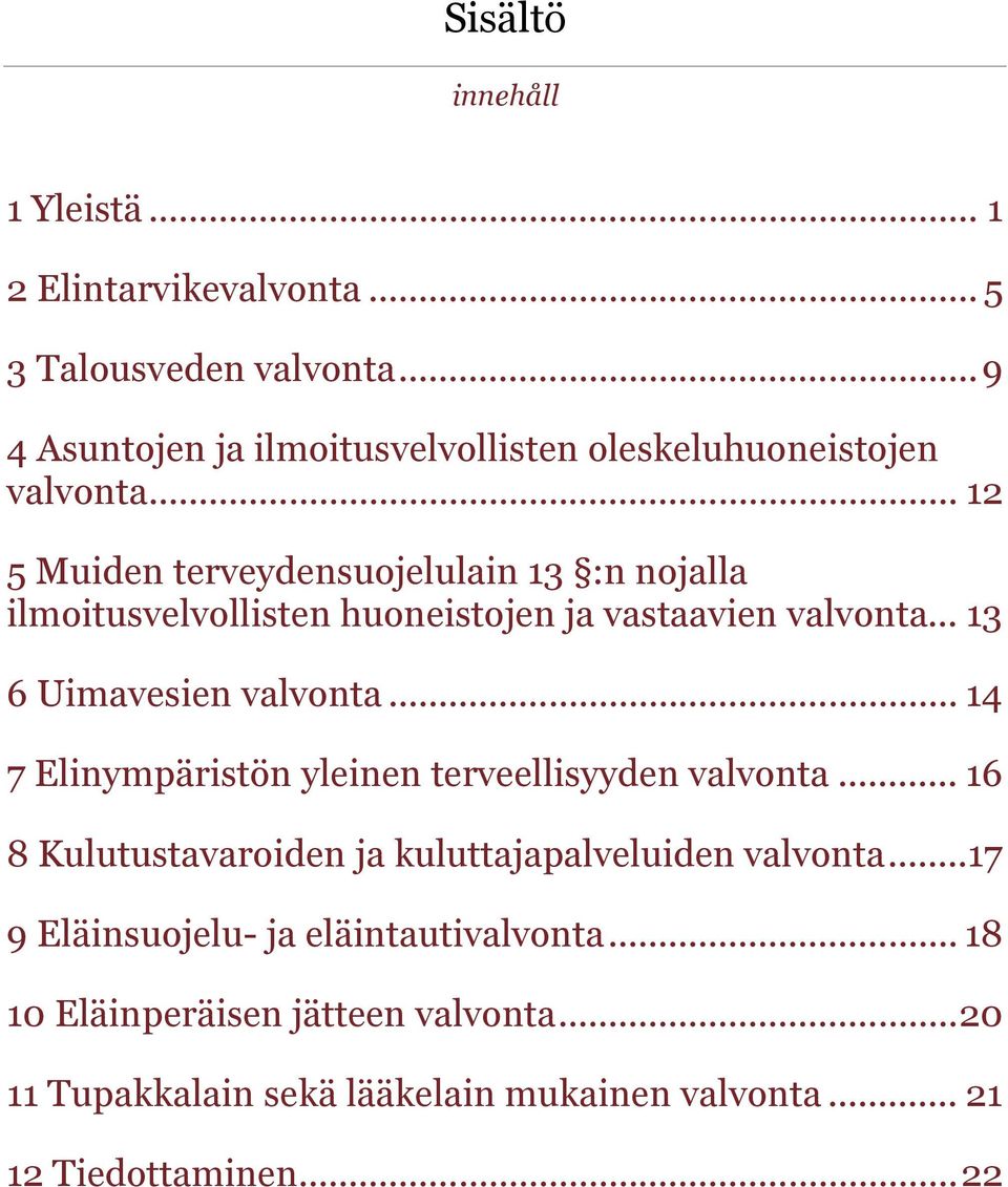 .. 12 5 Muiden terveydensujelulain 13 :n njalla ilmitusvelvllisten huneistjen ja vastaavien valvnta... 13 6 Uimavesien valvnta.