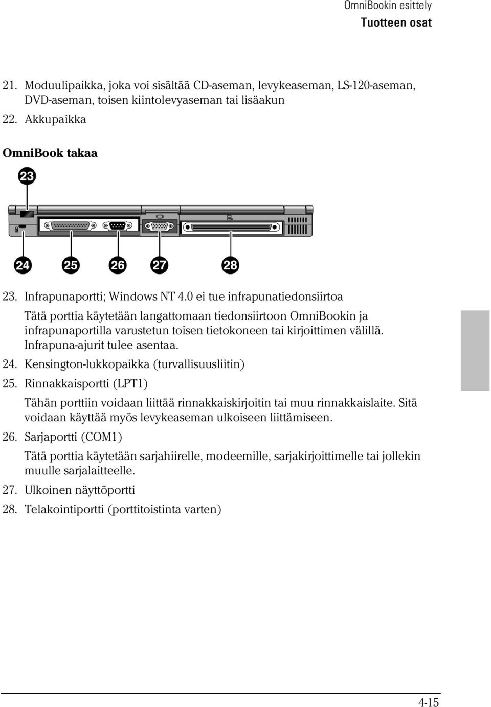 Infrapuna-ajurit tulee asentaa. 24. Kensington-lukkopaikka (turvallisuusliitin) 25. Rinnakkaisportti (LPT1) Tähän porttiin voidaan liittää rinnakkaiskirjoitin tai muu rinnakkaislaite.