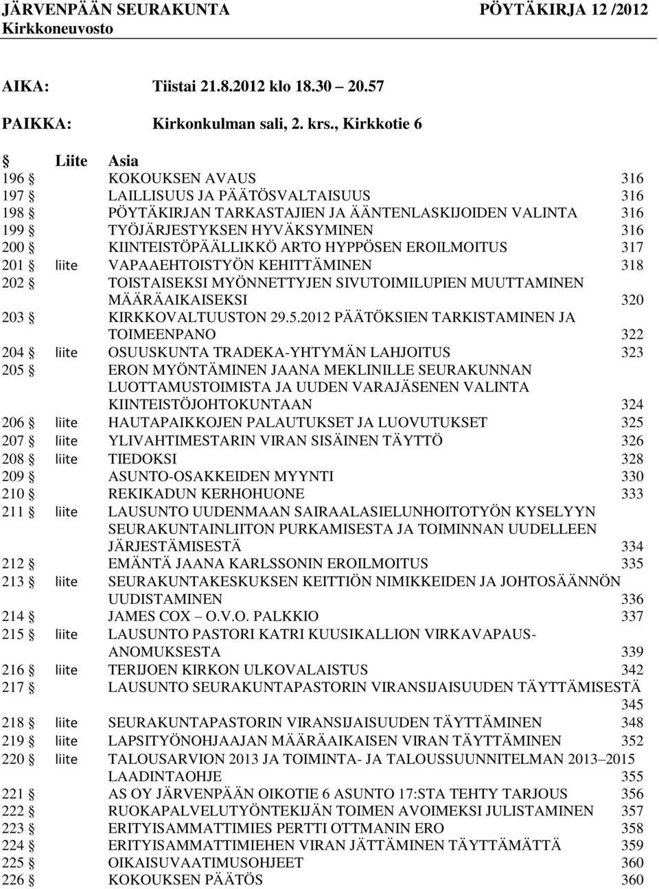 KIINTEISTÖPÄÄLLIKKÖ ARTO HYPPÖSEN EROILMOITUS 317 201 liite VAPAAEHTOISTYÖN KEHITTÄMINEN 318 202 TOISTAISEKSI MYÖNNETTYJEN SIVUTOIMILUPIEN MUUTTAMINEN MÄÄRÄAIKAISEKSI 320 203 KIRKKOVALTUUSTON 29.5.