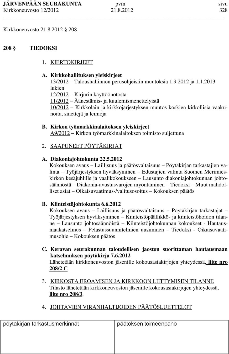 Kirkon työmarkkinalaitoksen yleiskirjeet A9/2012 Kirkon työmarkkinalaitoksen toimisto suljettuna 2. SAAPUNEET PÖYTÄKIRJAT A. Diakoniajohtokunta 22.5.