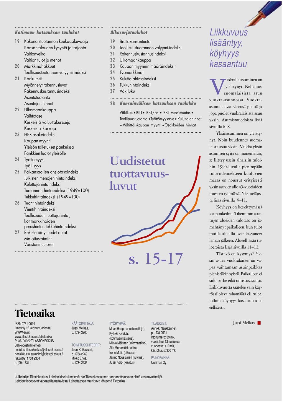 Yleisön talletukset pankeissa Pankkien luotot yleisölle 24 Työttömyys Työllisyys 25 Palkansaajien ansiotasoindeksi Julkisten menojen hintaindeksi Kuluttajahintaindeksi Tuotannon hintaindeksi