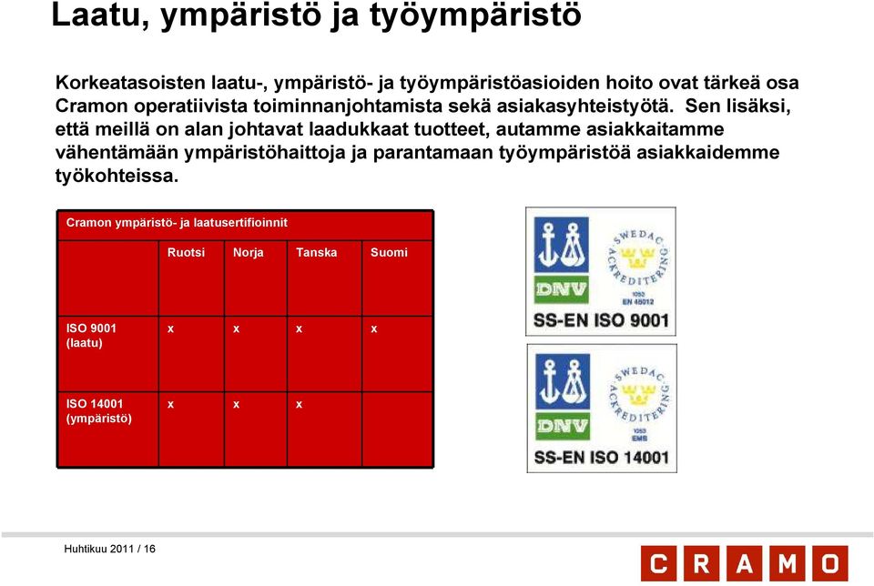 Sen lisäksi, että meillä on alan johtavat laadukkaat tuotteet, autamme asiakkaitamme vähentämään ympäristöhaittoja ja