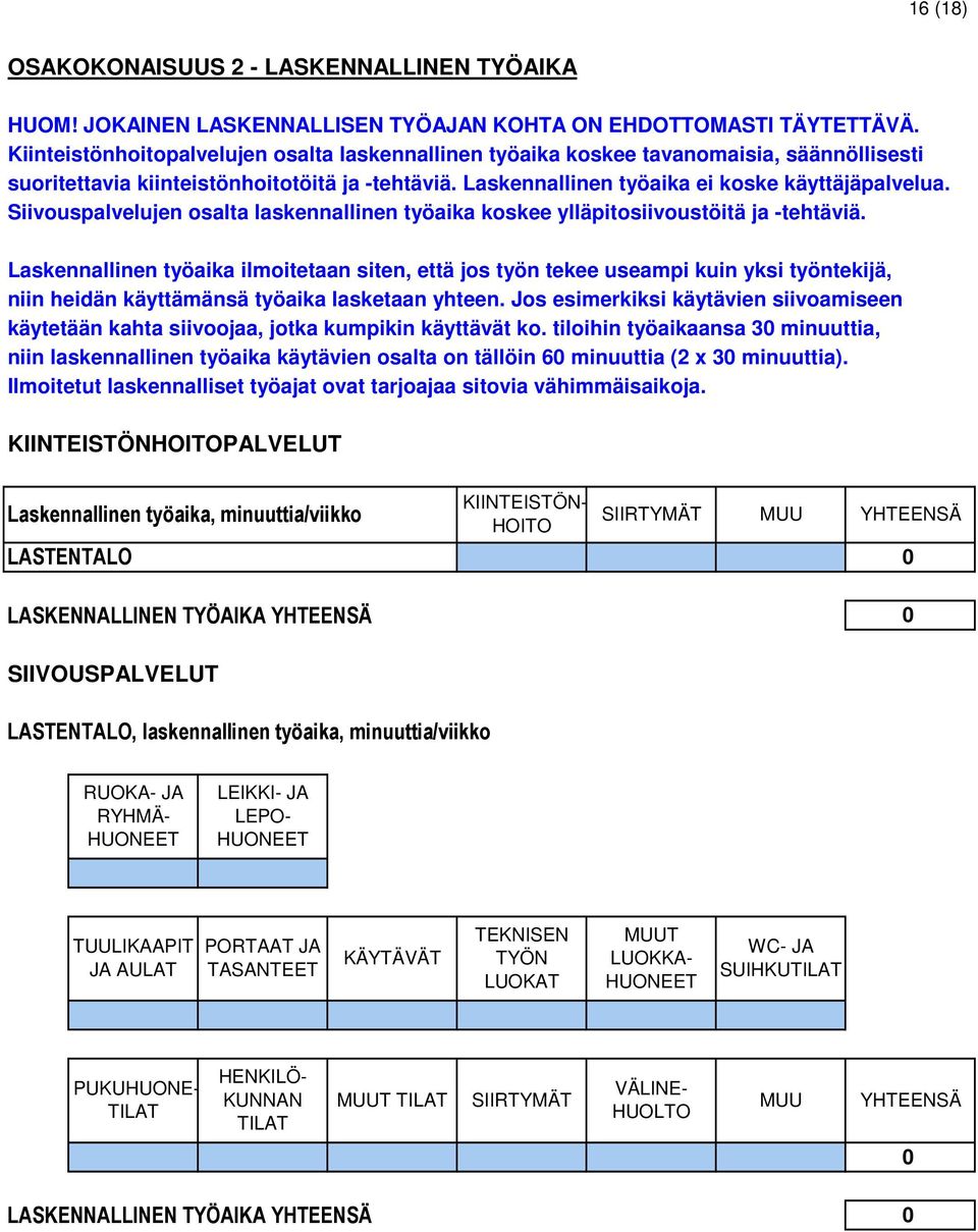 Siivouspalvelujen osalta laskennallinen työaika koskee ylläpitosiivoustöitä ja -tehtäviä.