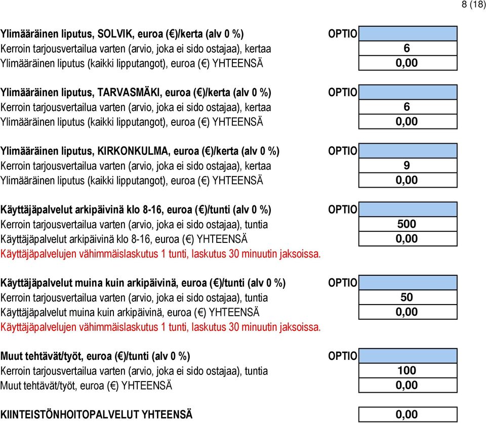 Ylimääräinen liputus, KIRKONKULMA, euroa ( )/kerta (alv %) Kerroin tarjousvertailua varten (arvio, joka ei sido ostajaa), kertaa Ylimääräinen liputus (kaikki lipputangot), euroa ( ) YHTEENSÄ