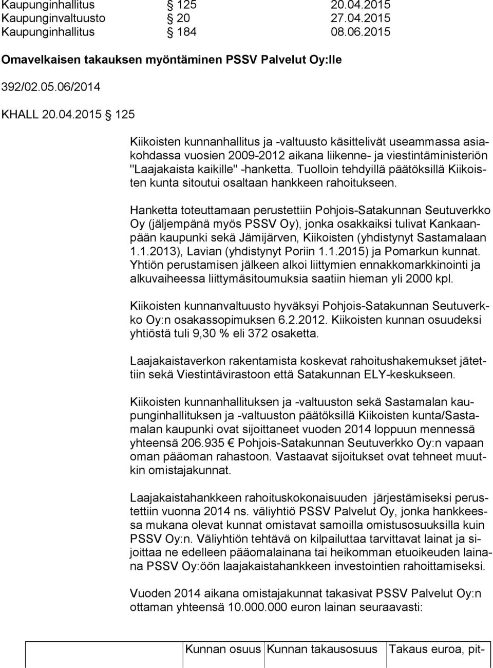 2015 Kaupunginhallitus 184 08.06.2015 Omavelkaisen takauksen myöntäminen PSSV Palvelut Oy:lle 392/02.05.06/2014 KHALL 20.04.