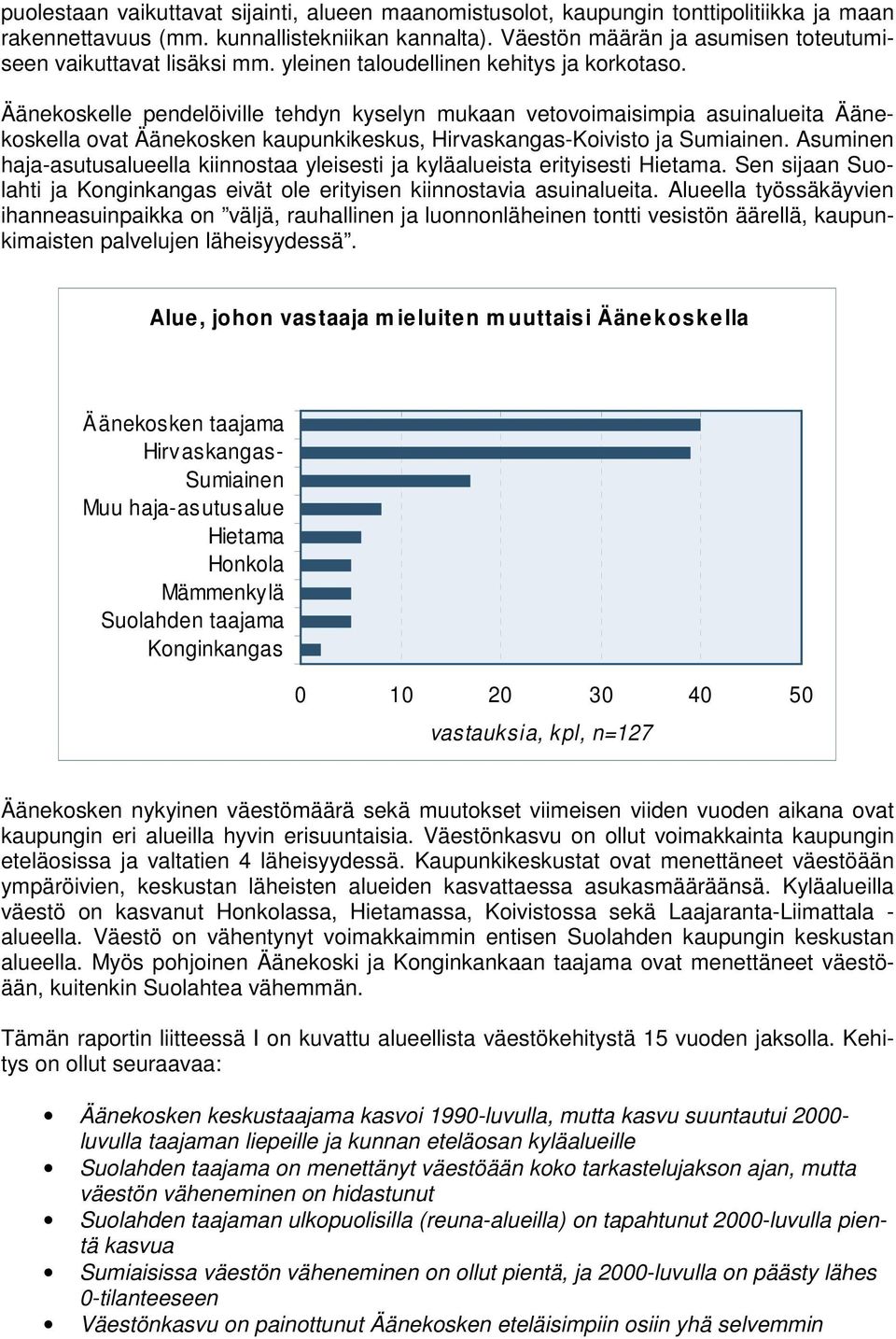 Äänekoskelle pendelöiville tehdyn kyselyn mukaan vetovoimaisimpia asuinalueita Äänekoskella ovat Äänekosken kaupunkikeskus, Hirvaskangas-Koivisto ja Sumiainen.