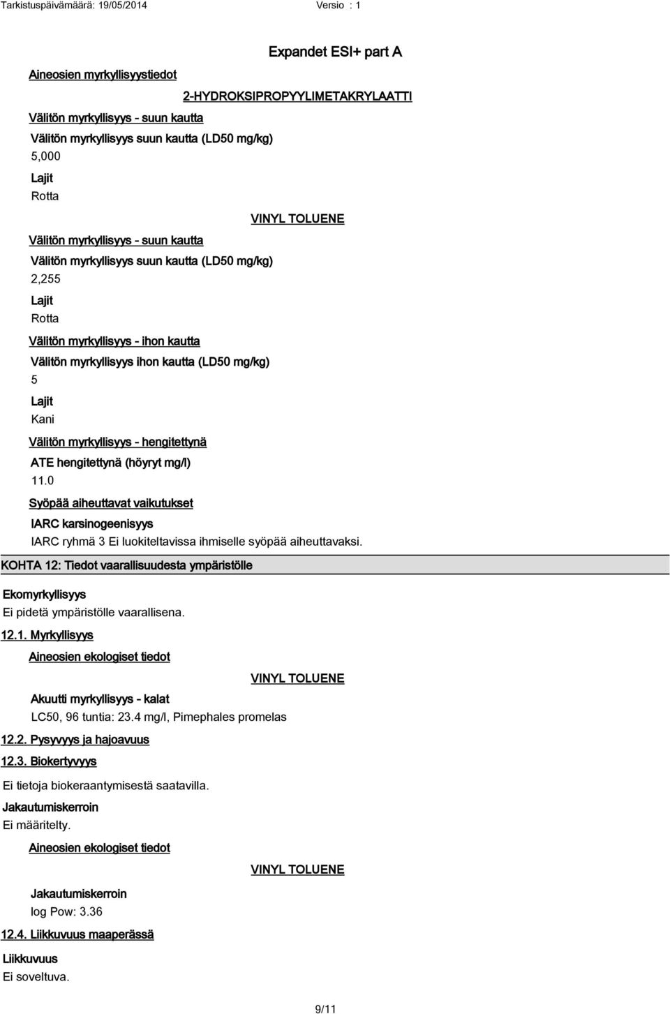 hengitettynä ATE hengitettynä (höyryt mg/l) 11.0 Syöpää aiheuttavat vaikutukset IARC karsinogeenisyys IARC ryhmä 3 Ei luokiteltavissa ihmiselle syöpää aiheuttavaksi.