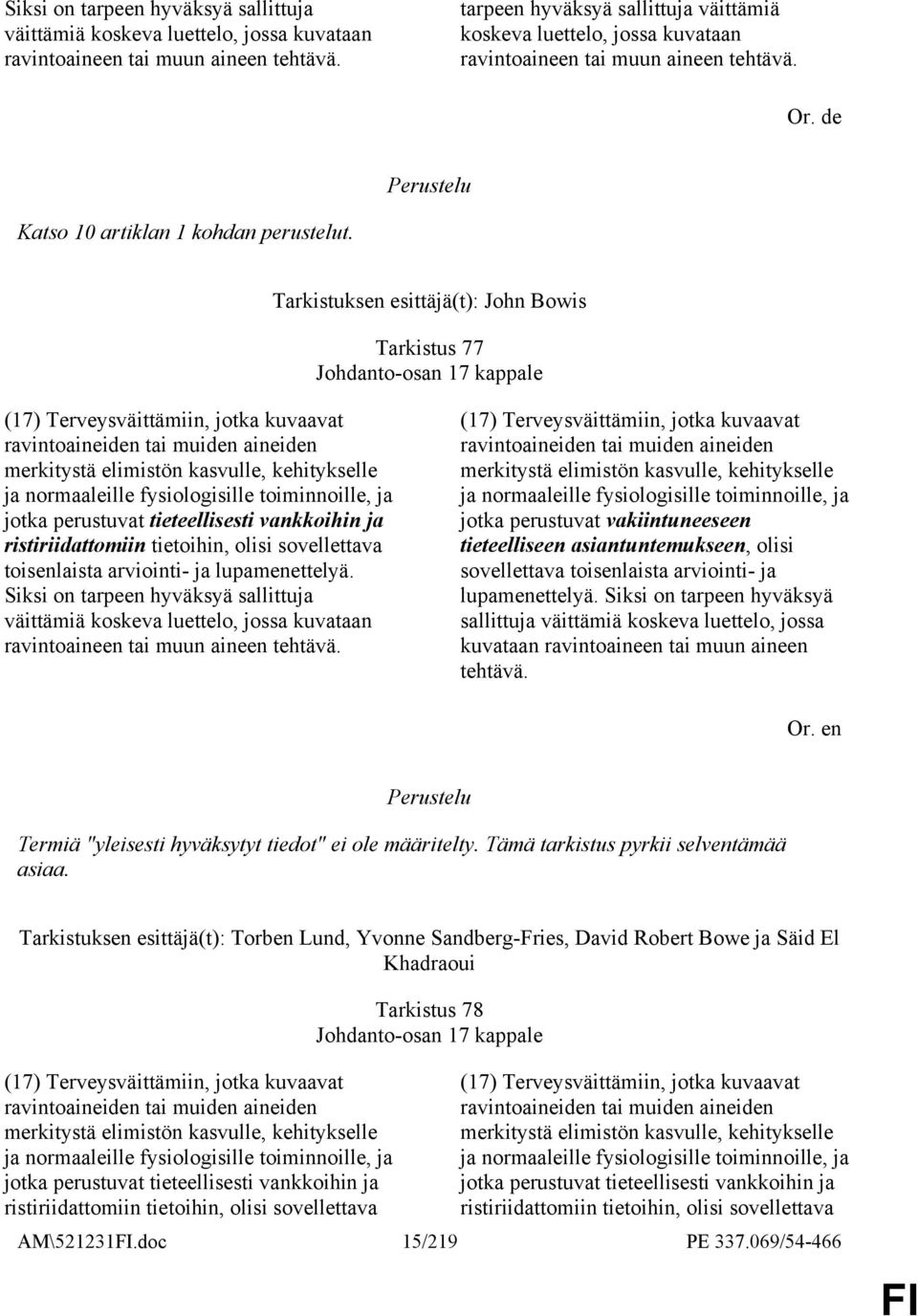 Tarkistuksen esittäjä(t): John Bowis Tarkistus 77 Johdanto-osan 17 kappale (17) Terveysväittämiin, jotka kuvaavat ravintoaineiden tai muiden aineiden merkitystä elimistön kasvulle, kehitykselle ja