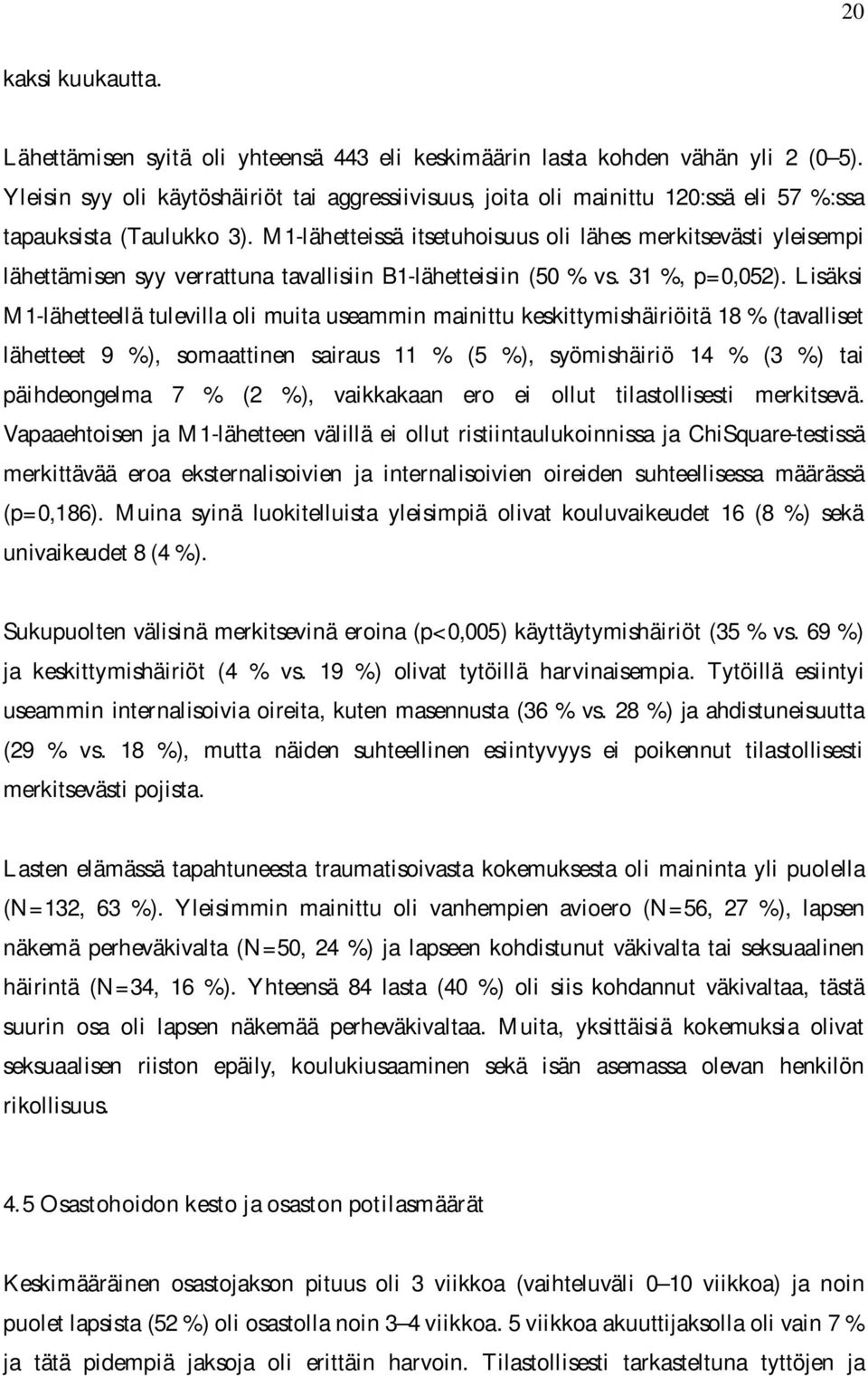 M1-lähetteissä itsetuhoisuus oli lähes merkitsevästi yleisempi lähettämisen syy verrattuna tavallisiin B1-lähetteisiin (50 % vs. 31 %, p=0,052).