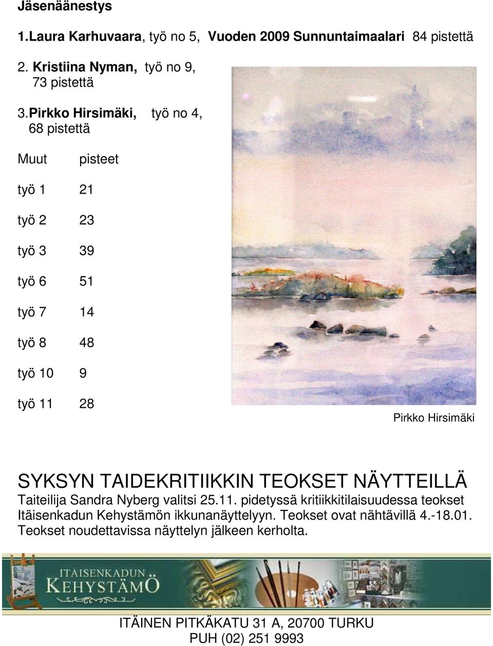 SYKSYN TAIDEKRITIIKKIN TEOKSET NÄYTTEILLÄ Taiteilija Sandra Nyberg valitsi 25.11.