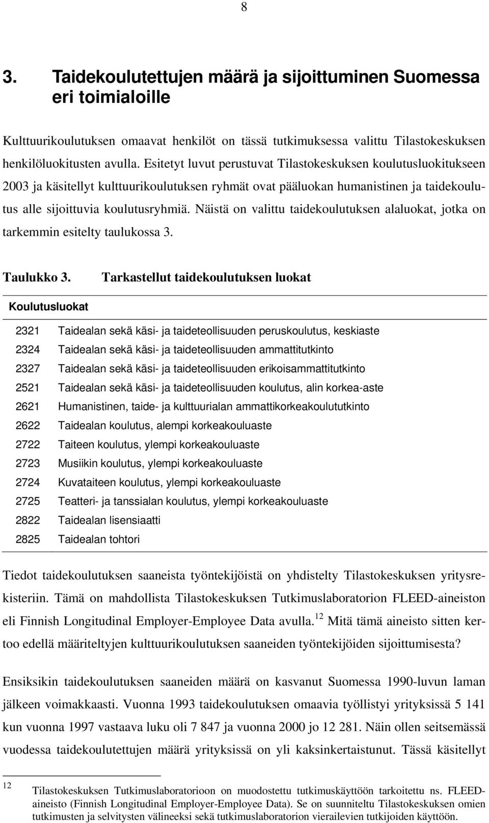 Näistä on valittu taidekoulutuksen alaluokat, jotka on tarkemmin esitelty taulukossa 3. Taulukko 3.