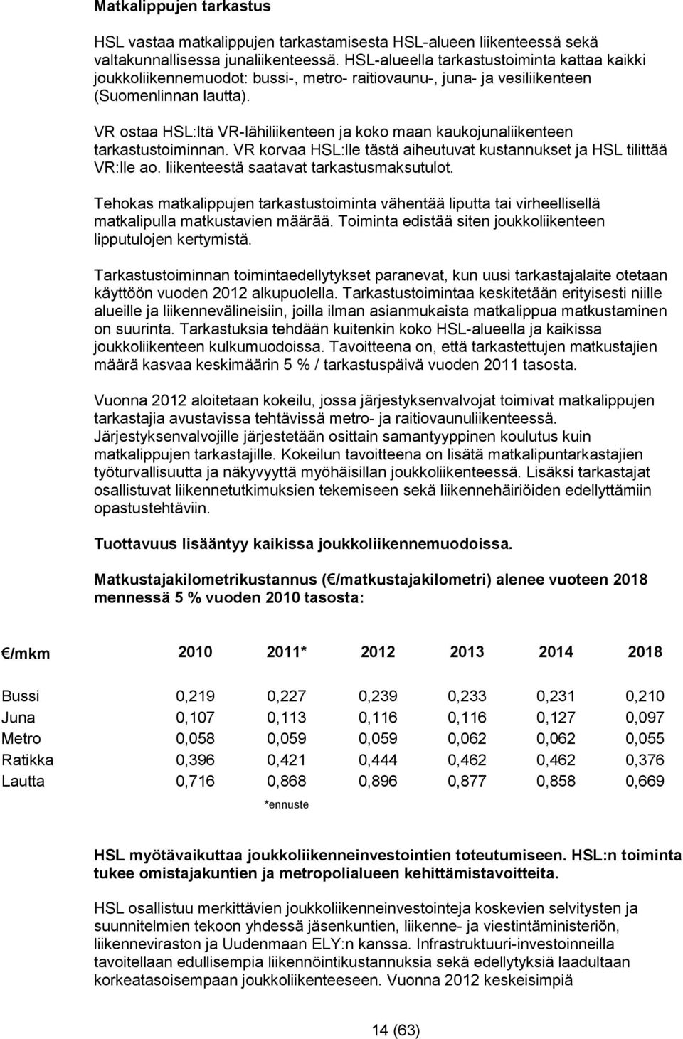 VR ostaa HSL:ltä VR-lähiliikenteen ja koko maan kaukojunaliikenteen tarkastustoiminnan. VR korvaa HSL:lle tästä aiheutuvat kustannukset ja HSL tilittää VR:lle ao.