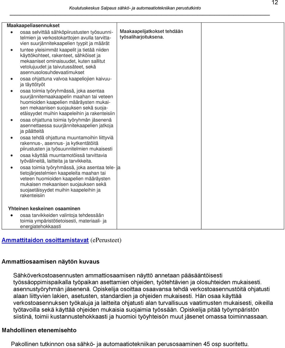 sekä asennusolosuhdevaatimukset osaa ohjattuna valvoa kaapeliojien kaivuuja täyttötyöt osaa toimia työryhmässä, joka asentaa suurjännitemaakaapelin maahan tai veteen huomioiden kaapelien määräysten