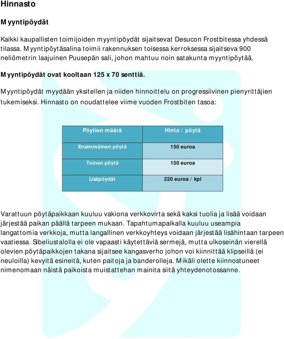 Myyntipöydät myydään yksitellen ja niiden hinnoittelu on progressiivinen pienyrittäjien tukemiseksi.