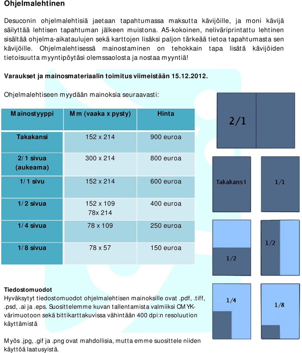 Ohjelmalehtisessä mainostaminen on tehokkain tapa lisätä kävijöiden tietoisuutta myyntipöytäsi olemssaolosta ja nostaa myyntiä! Varaukset ja mainosmateriaalin toimitus viimeistään 15.12.2012.