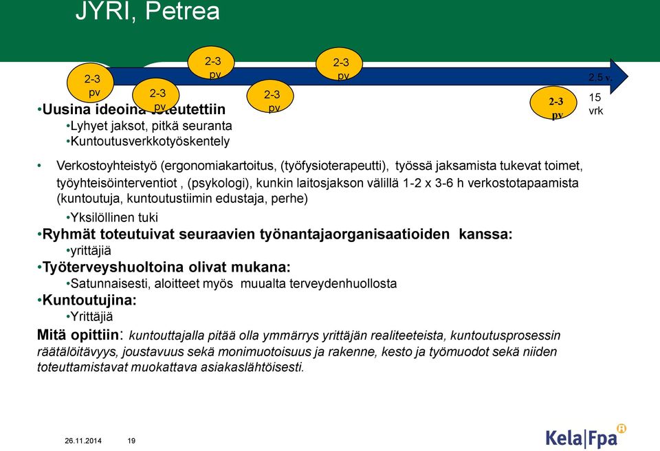 (kuntoutuja, kuntoutustiimin edustaja, perhe) Yksilöllinen tuki Ryhmät toteutuivat seuraavien työnantajaorganisaatioiden kanssa: yrittäjiä Työterveyshuoltoina olivat mukana: Satunnaisesti, aloitteet