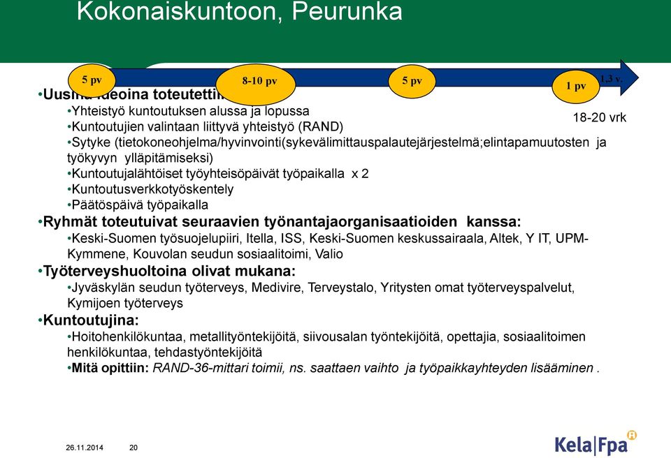 Päätöspäivä työpaikalla Ryhmät toteutuivat seuraavien työnantajaorganisaatioiden kanssa: Keski-Suomen työsuojelupiiri, Itella, ISS, Keski-Suomen keskussairaala, Altek, Y IT, UPM- Kymmene, Kouvolan